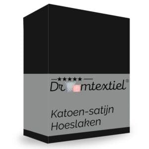 Verpakking van katoensatijn hoeslaken zwart, merk Dreamtextiel.