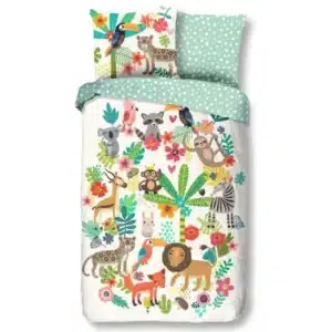 Droomtextiel Dekbedovertrek Kinderen Happy Tijger leeuw aapje 140x200/220 cm + 1 Kussensloop - 100% Zacht Katoen