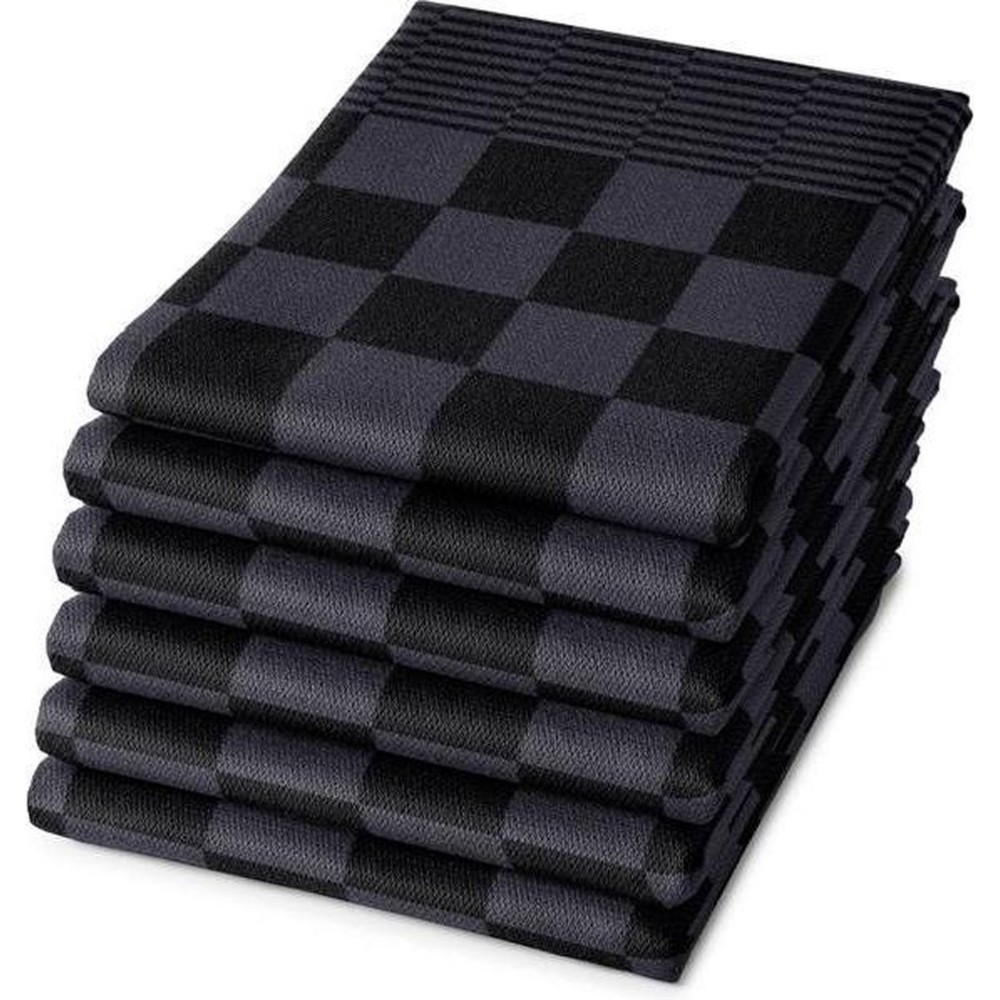 Droomtextiel Horeca Theedoeken  Antraciet Zwart Geblokt - 6x Stuks