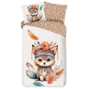 Kinder dekbedovertrek met schattige vos en bloemenpatroon.