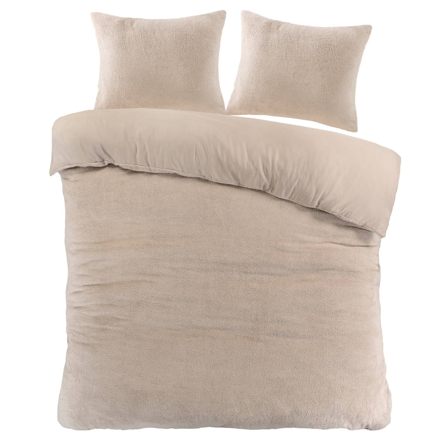 Beige dekbedovertrek met twee kussens op bed