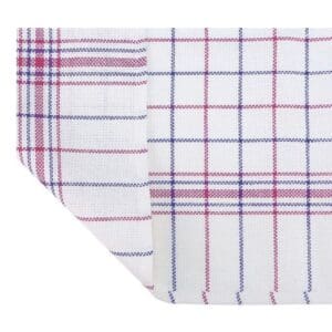 Wit geruite keukendoek met blauwe en rode lijnen.