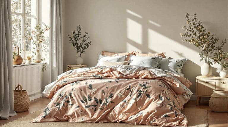 Een serene slaapkamer setting in zachte, frisse kleuren met luxe dekbedovertrek uit de lente-zomercollectie van Beddinghouse.