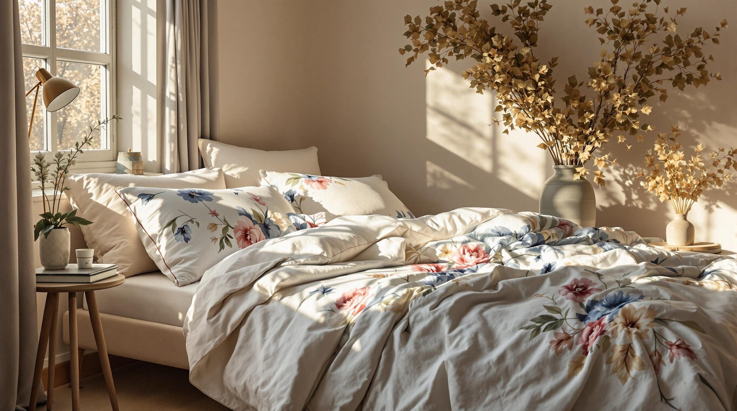 Lentezon op luxe dekbedovertrek in serene slaapkamer met bloemen en pastelkleuren