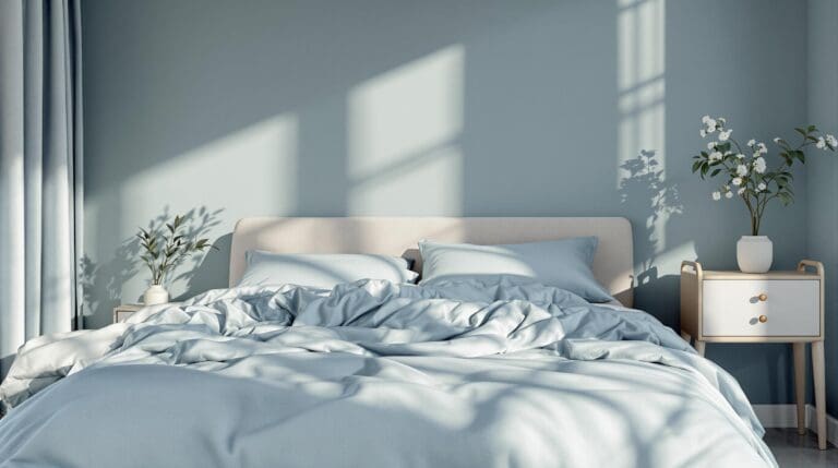 Een luxe en duurzaam dekbedovertrek van Beddinghouse in een rustgevende slaapkamer met zachte blauwgrijze muren en warme ochtendlicht.
