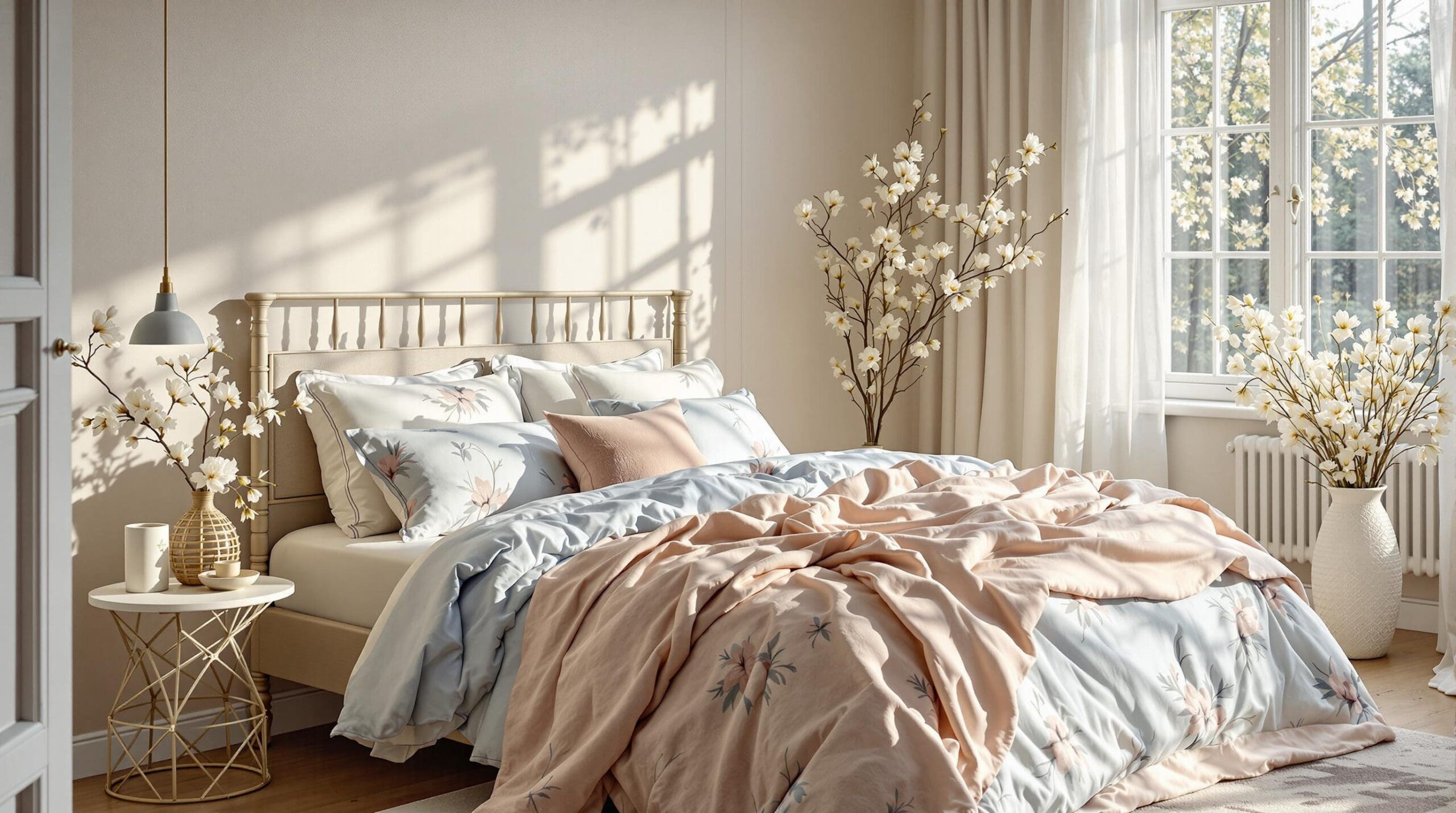 Een serene slaapkamer in het zachte morgenzonlicht met pastelkleurig beddengoed en lenteaccenten