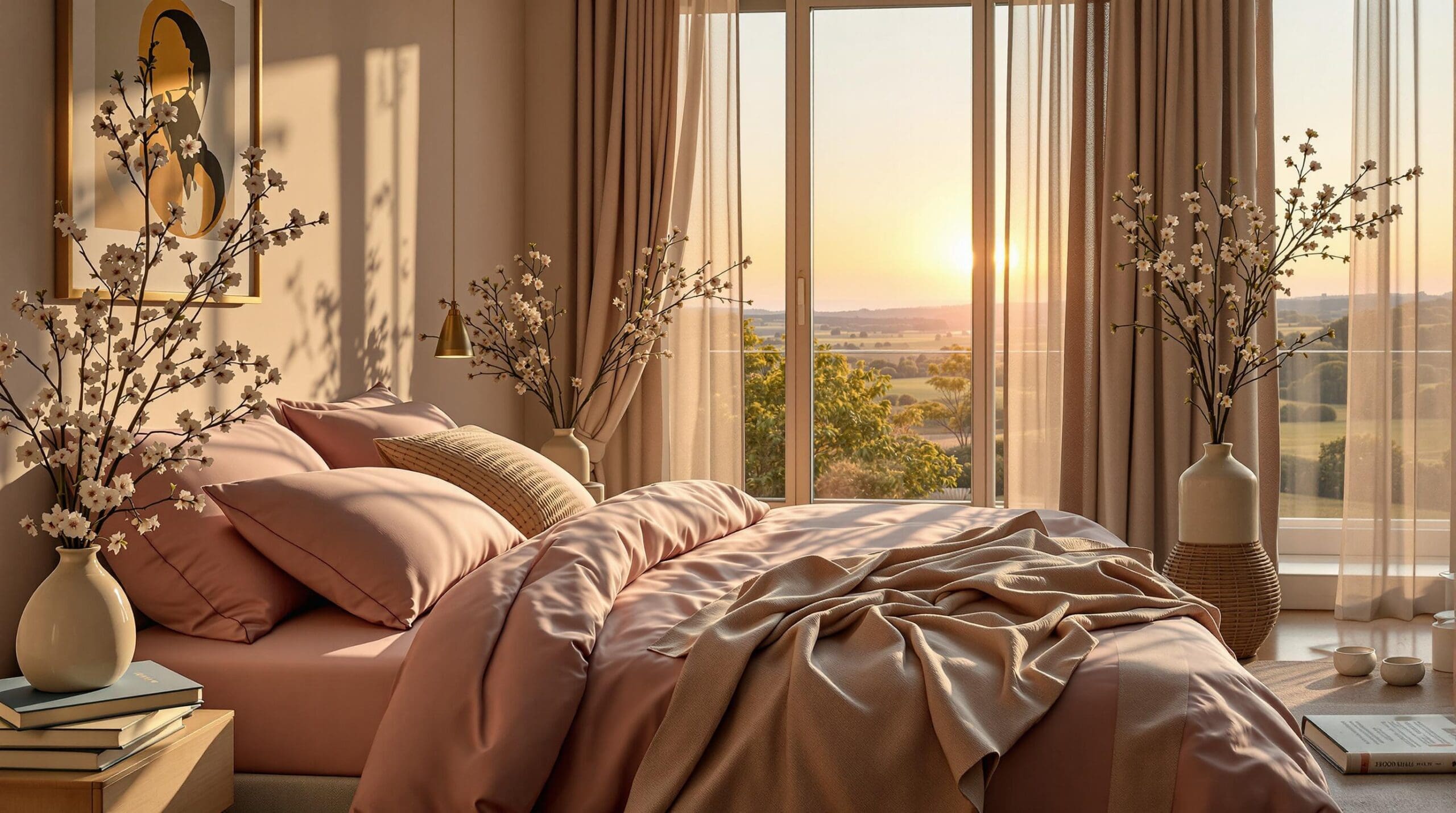 Een serene slaapkamer in het zachte ochtendlicht, met luxe beddengoed in frisse lentetinten en bloesemtakken op het nachtkastje.