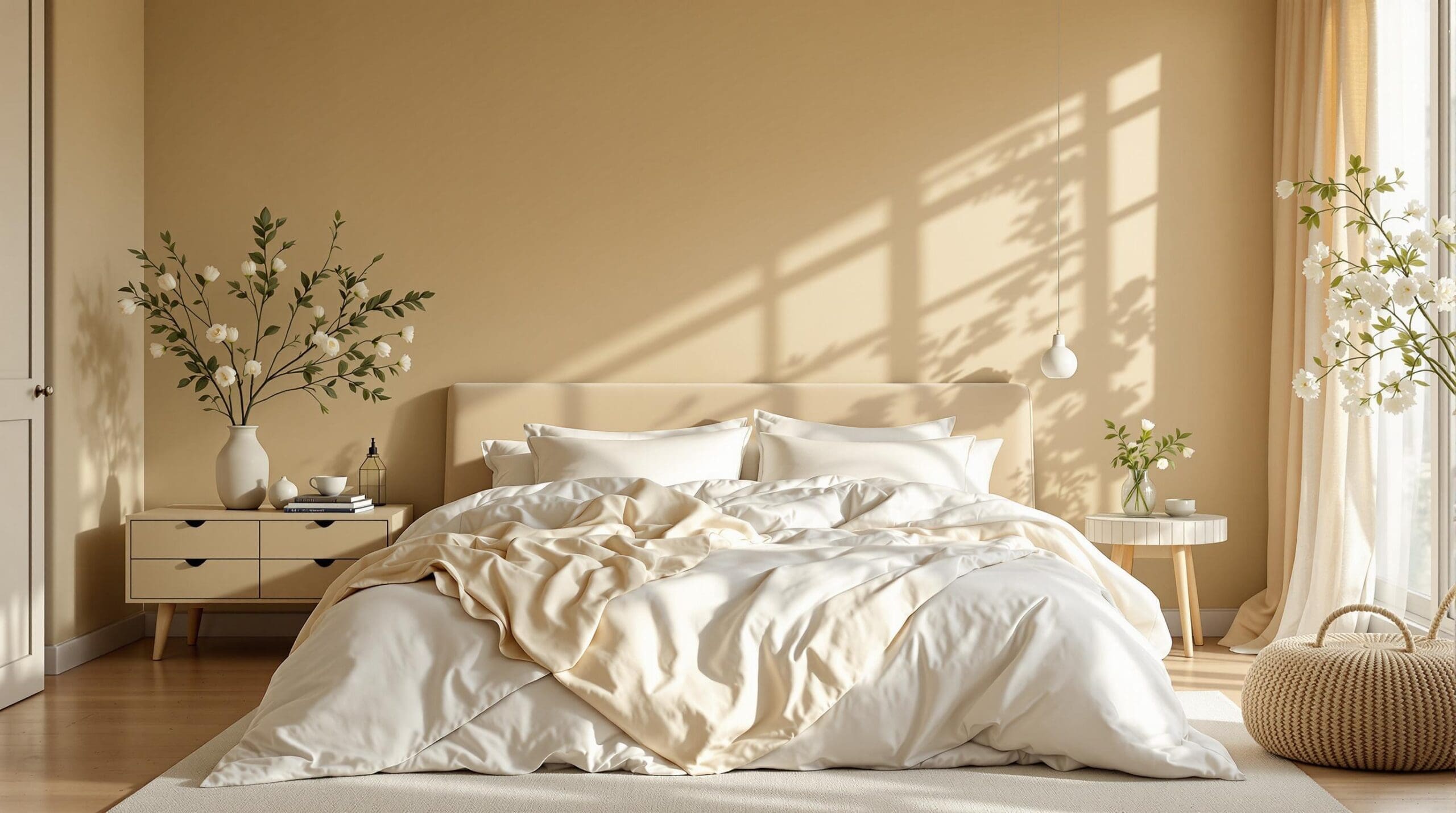 Een serene slaapkamer in voorjaarssfeer, gewassen in een warm, gouden ochtendlicht dat door lichte, doorschijnende gordijnen valt. Het bed is opgemaakt met wit katoen-satijn beddengoed en perkal overtrek. Op het nachtkastje staan verse tulpen.