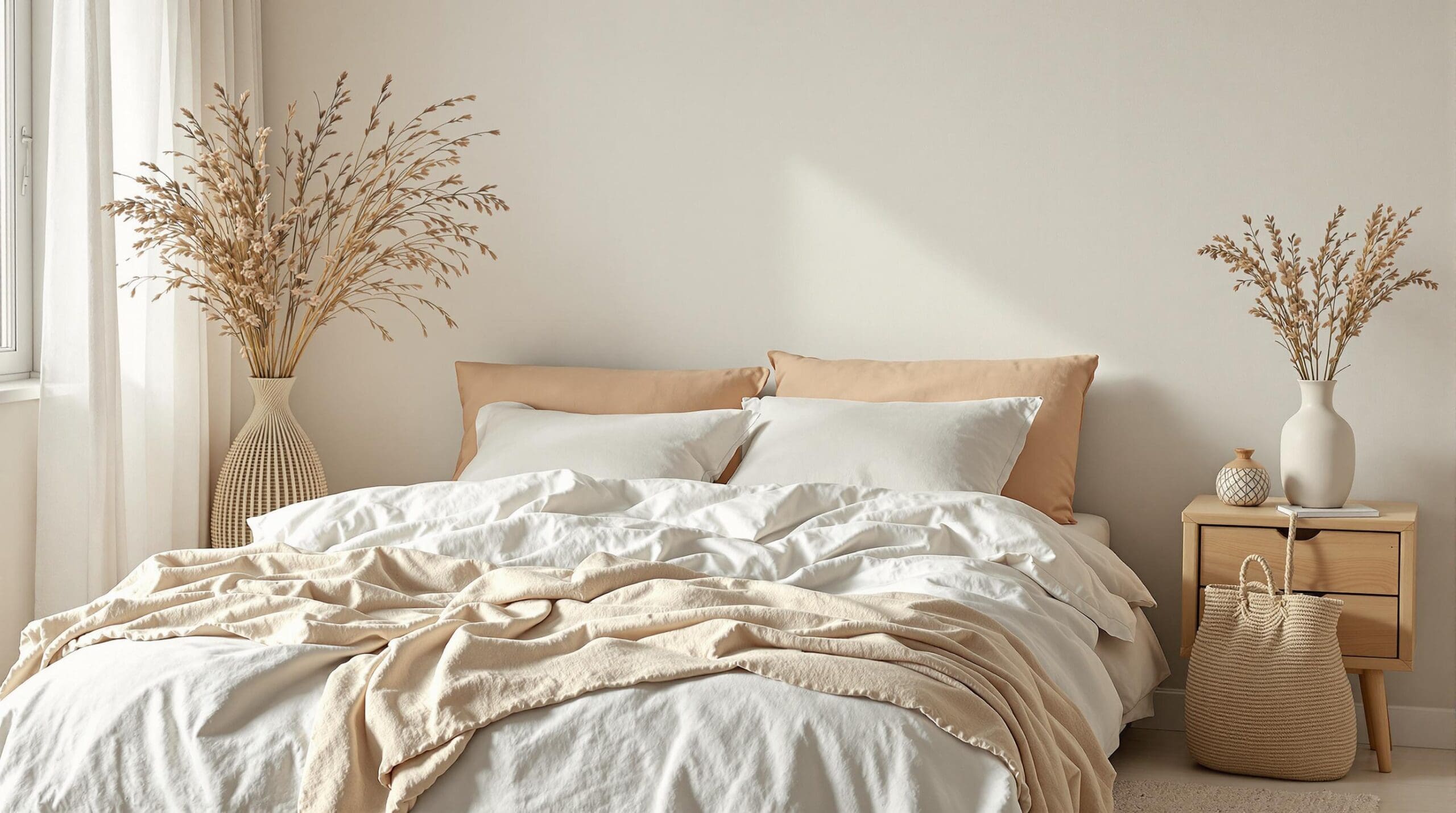 Een serene slaapkamer met een warm, uitnodigend gevoel in lentetint