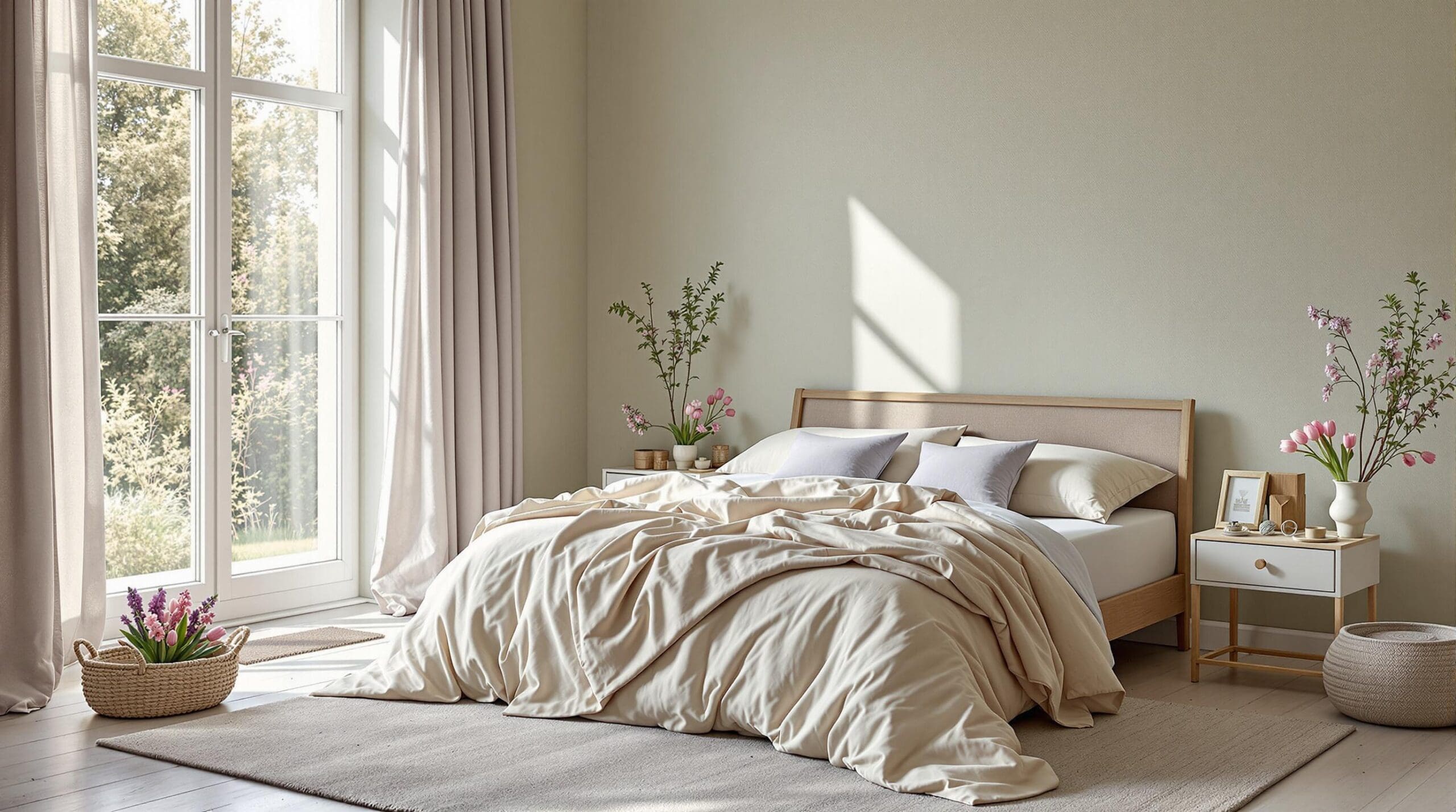 Een serene slaapkamer setting met een crèmekleurig dekbed met lavendeltint en zachte lentekleuren zoals saliegroen en zacht lila. Luchtig licht stroomt binnen via linnen gordijnen.