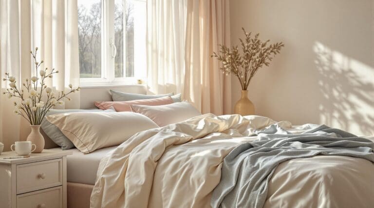 Een sfeervolle slaapkamer in lichte lentetinten met crème katoen satijnen dekbedovertrek en zachte accessoires