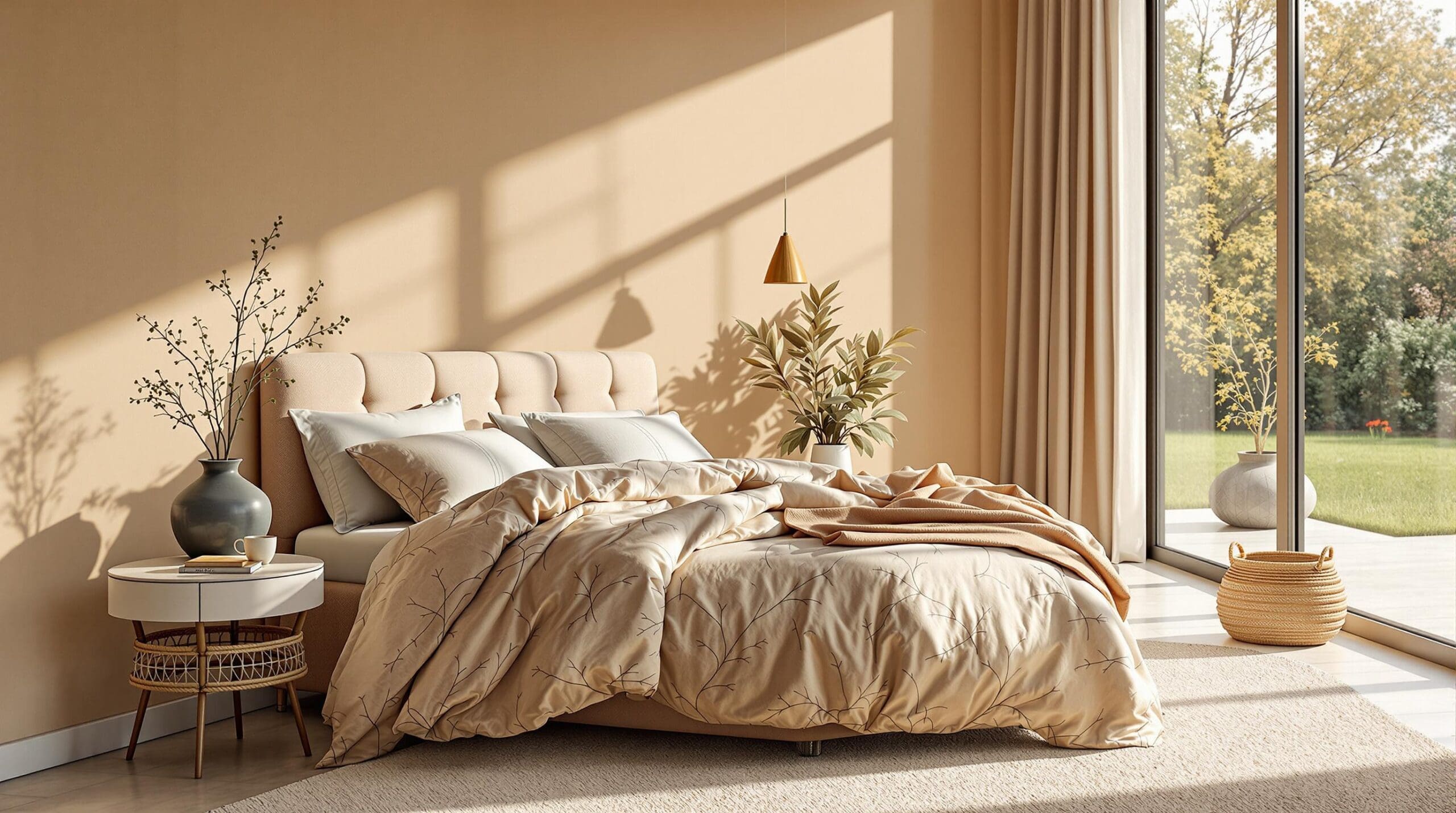 Een sfeervolle slaapkamer met biologisch katoenen dekbedovertrek in aardse tinten en ochtendlicht op het bed
