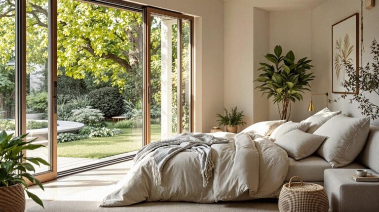 Een sfeervolle slaapkamer met grote ramen die opengaan naar een weidse, groene tuin, waar de zachte lentelucht binnenstroomt. Op het bed ligt luxe beddengoed van biologisch katoen in warme, subtiele kleuren zoals crème en diepblauw, met een elegant design dat tijdloosheid uitstraalt. De kussens zijn rijkelijk gevuld en dragen het BCI-keurmerk, waardoor ze niet alleen comfortabel zijn, maar ook een statement maken over duurzaamheid.