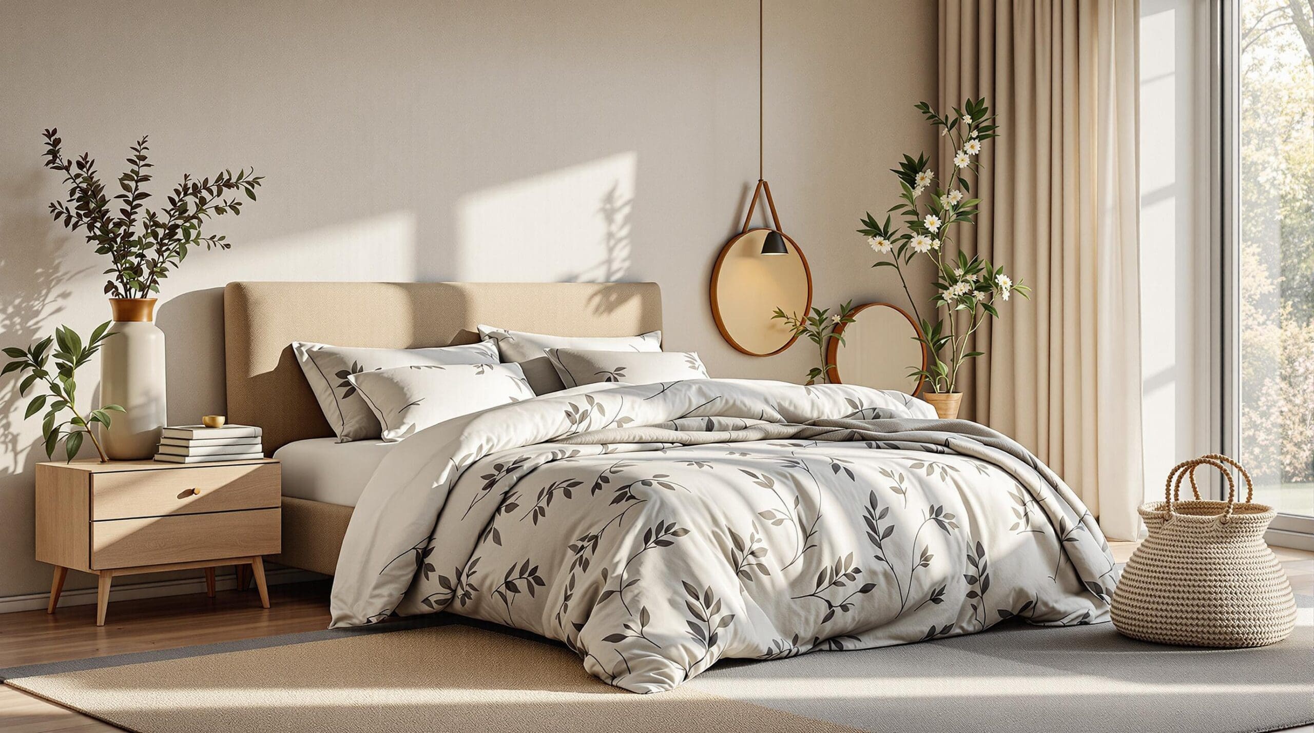 Luxe biologisch katoenen dekbed met nature-inspired dessin in een serene slaapkamer.
