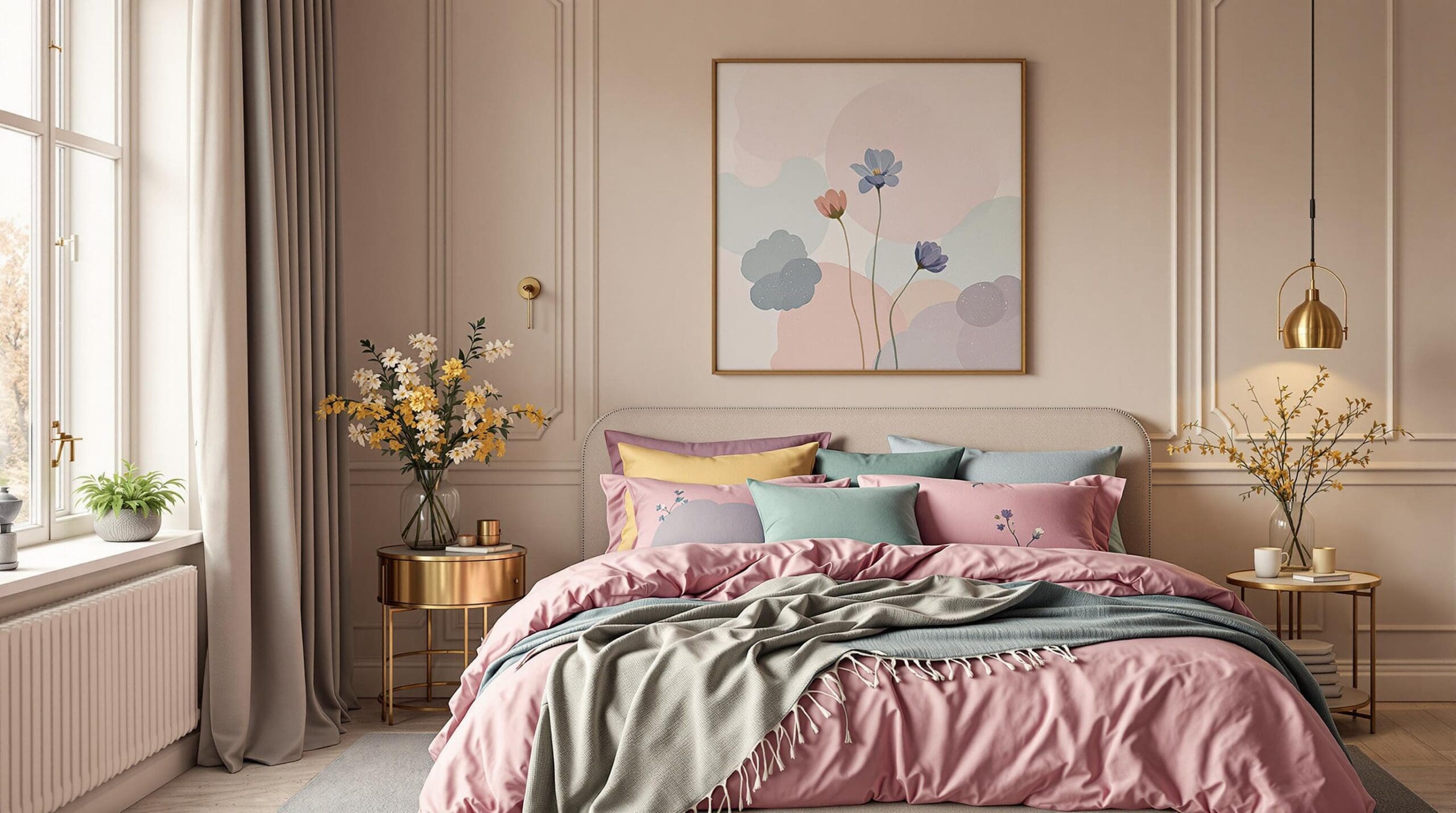 Luxe slaapkamer met Oilily dekbedovertrek in fuchsia bloemenprint en pastelkleurige accenten