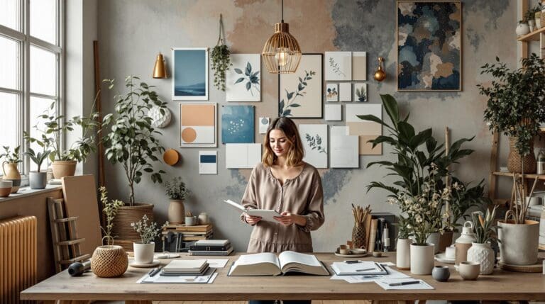 Ontwerpstudio van Beddinghouse met ontwerpster die over haar schetsboek buigt, omgeven door kleurstalen en moodboards in ochtendlicht