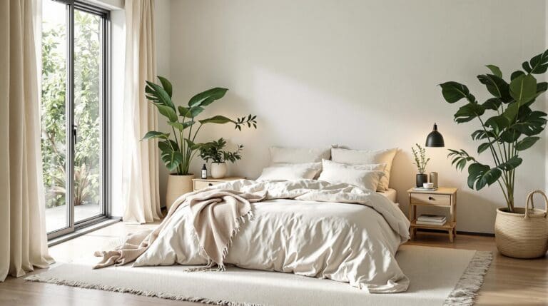 Serene botanische slaapkamer met groene tinten, luxe dekbedovertrek van katoen en veel kamerplanten bij open raam