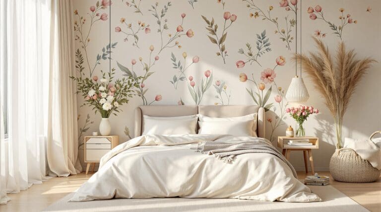 Serene slaapkamer met crèmekleurig dekbedovertrek, tulpen op het nachtkastje en lichte gordijnen, badend in lentelicht.