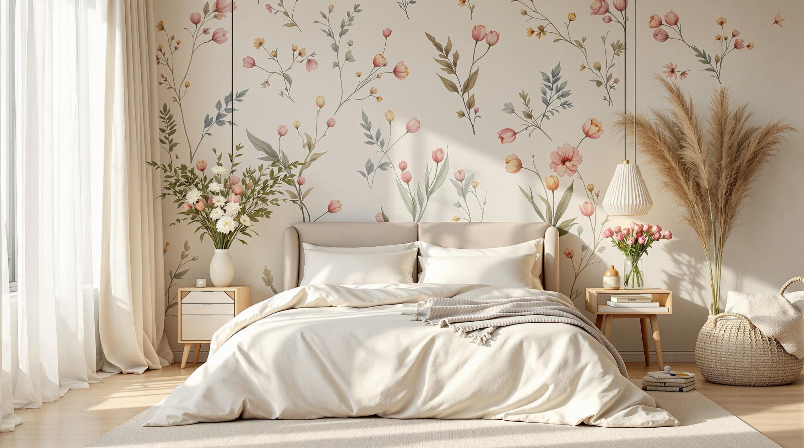 Serene slaapkamer met crèmekleurig dekbedovertrek, tulpen op het nachtkastje en lichte gordijnen, badend in lentelicht.