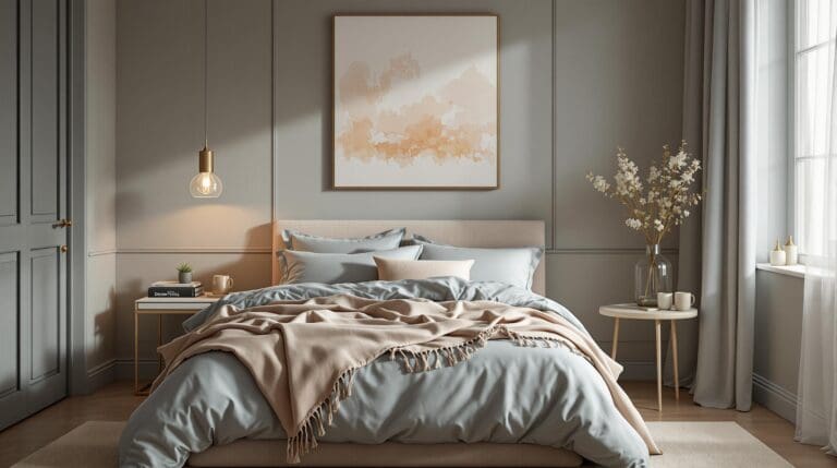 Serene slaapkamer met luxe diepblauw katoen-satijn beddengoed, warm beige plaid, sfeerverlichting en kunst aan de muur