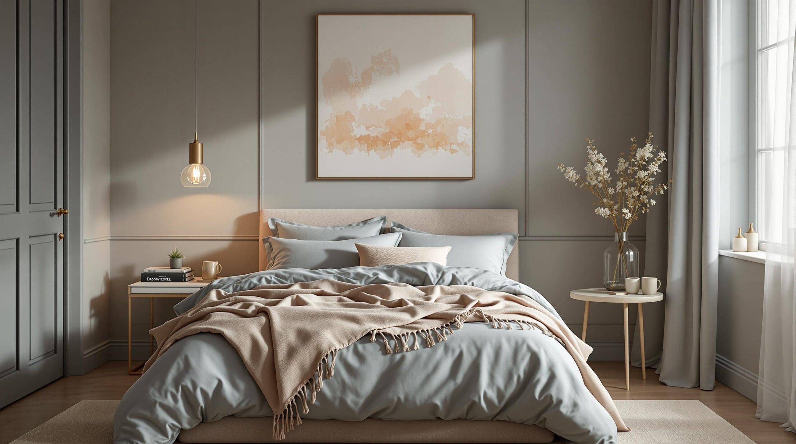 Serene slaapkamer met luxe diepblauw katoen-satijn beddengoed, warm beige plaid, sfeerverlichting en kunst aan de muur