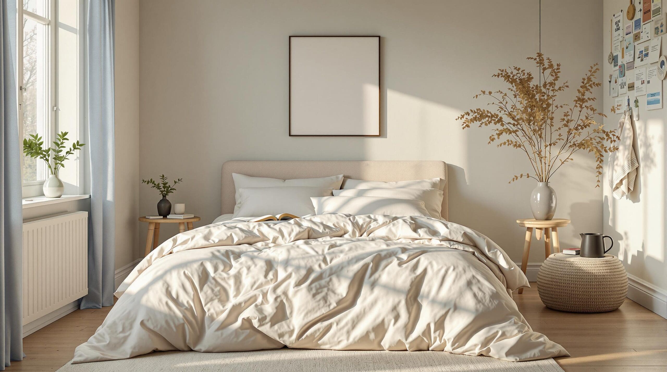 Sfeervolle slaapkamer in de ochtend met luxe duurzaam beddengoed in nachtblauw en crème