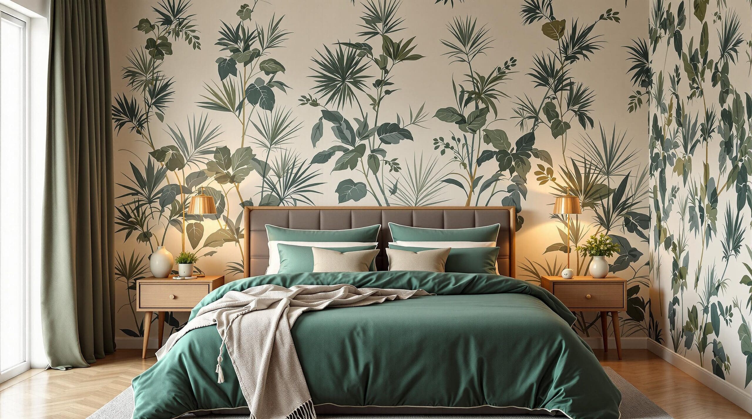 Slaapkamer met een diepgroen dekbedovertrek van Droomtextiel, tropische kussens en warme rotan verlichting.