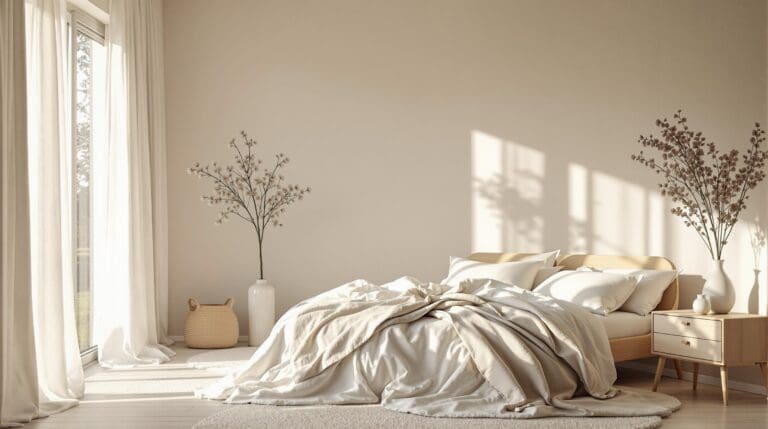 Slaapkamer met katoensatijn dekbedovertrek en natuurlijke tinten, verlicht door zacht lentezonlicht door linnen gordijnen