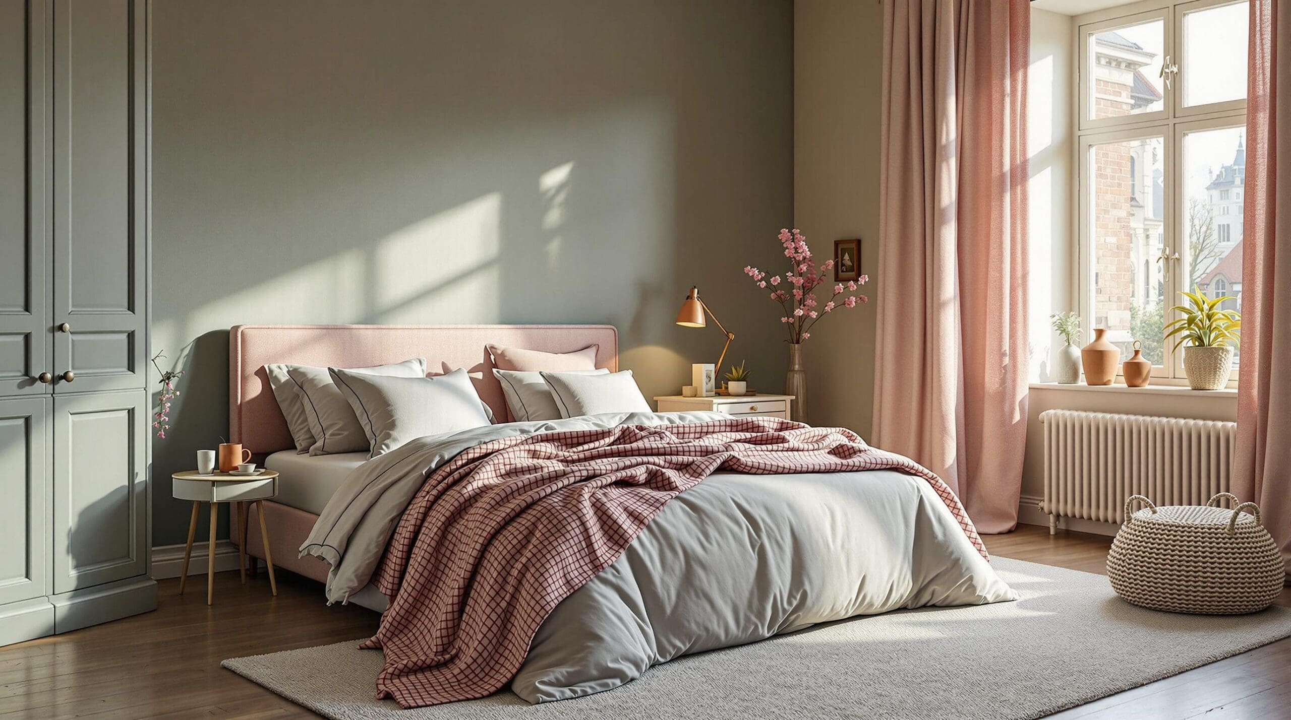 Slaapkamer met kleurrijk Oilily-dekbedovertrek en zachte poedertinten op de muur