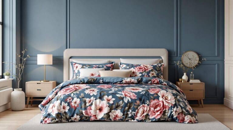 Slaapkamer met kleurrijk Oilily dekbedovertrek op een king-size bed, lichte muren en houten nachtkastje met lamp.