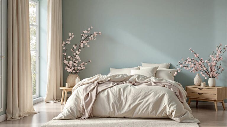 Slaapkamer met open raam, opgemaakt bed met luchtig percale katoen en katoen-satijn, zacht ochtendlicht op pastelkleurige lentebloemen