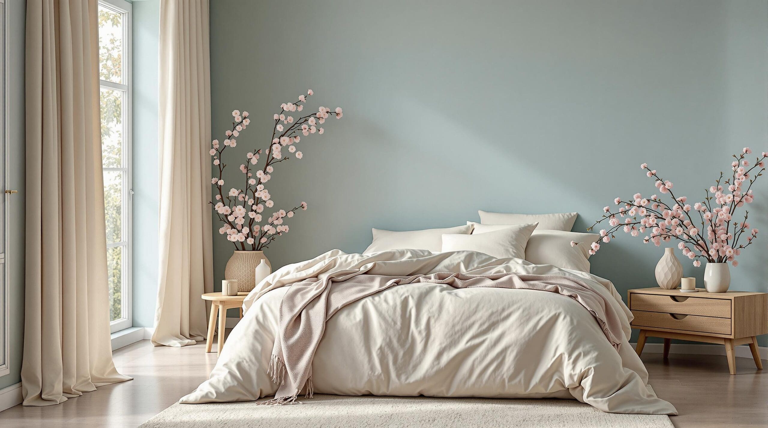 Slaapkamer met open raam, opgemaakt bed met luchtig percale katoen en katoen-satijn, zacht ochtendlicht op pastelkleurige lentebloemen