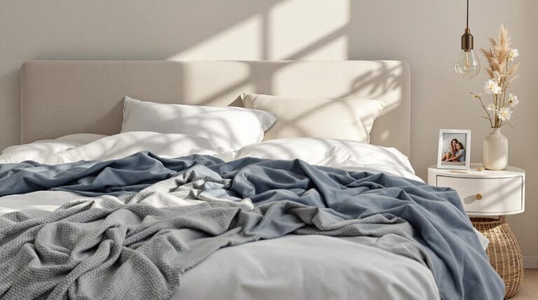 Een serene slaapkamer geschikt voor herdenking toont een luxe bed met een diep nachtblauw dekbedovertrek, afgewerkt met zachte witte lakens en een lichtlinnen sprei.