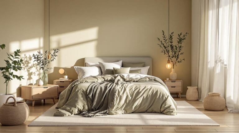 Een serene slaapkamer met een elegant bed gedekt met biologisch katoenen beddengoed in zachte aardetinten. Warm licht, natuurlijke materialen en een groene plant op een nachtkastje zorgen voor een rustgevende sfeer.