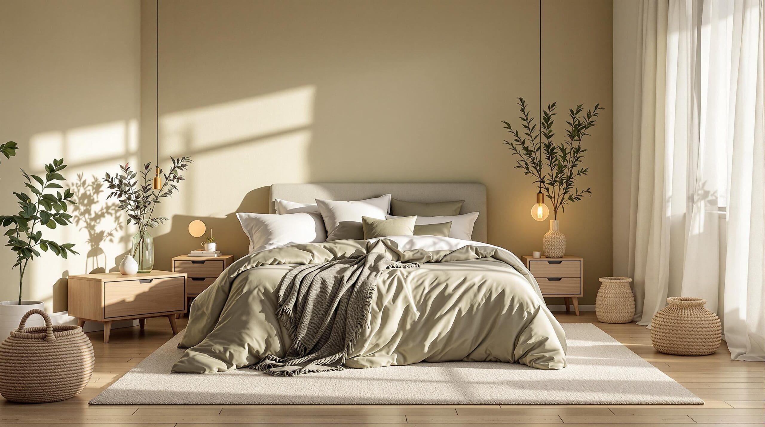 Een serene slaapkamer met een elegant bed gedekt met biologisch katoenen beddengoed in zachte aardetinten. Warm licht, natuurlijke materialen en een groene plant op een nachtkastje zorgen voor een rustgevende sfeer.