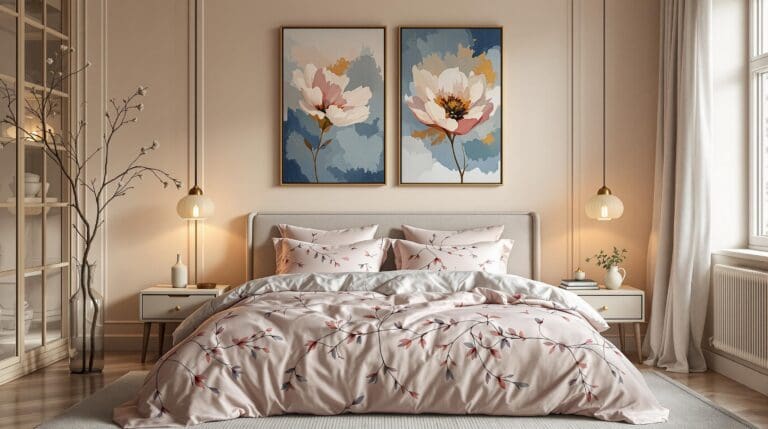 Een serene slaapkamer met een luxe uitstraling en een poederroze dekbedovertrek met bloemenprints