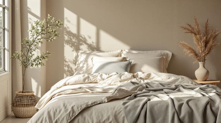 Een serene slaapkamer met een warm, natuurlijk kleurenpalet als achtergrond. Het zachte licht van de voorjaarszon valt naar binnen, creëert een dromerige sfeer en benadrukt de luxe van het beddengoed.