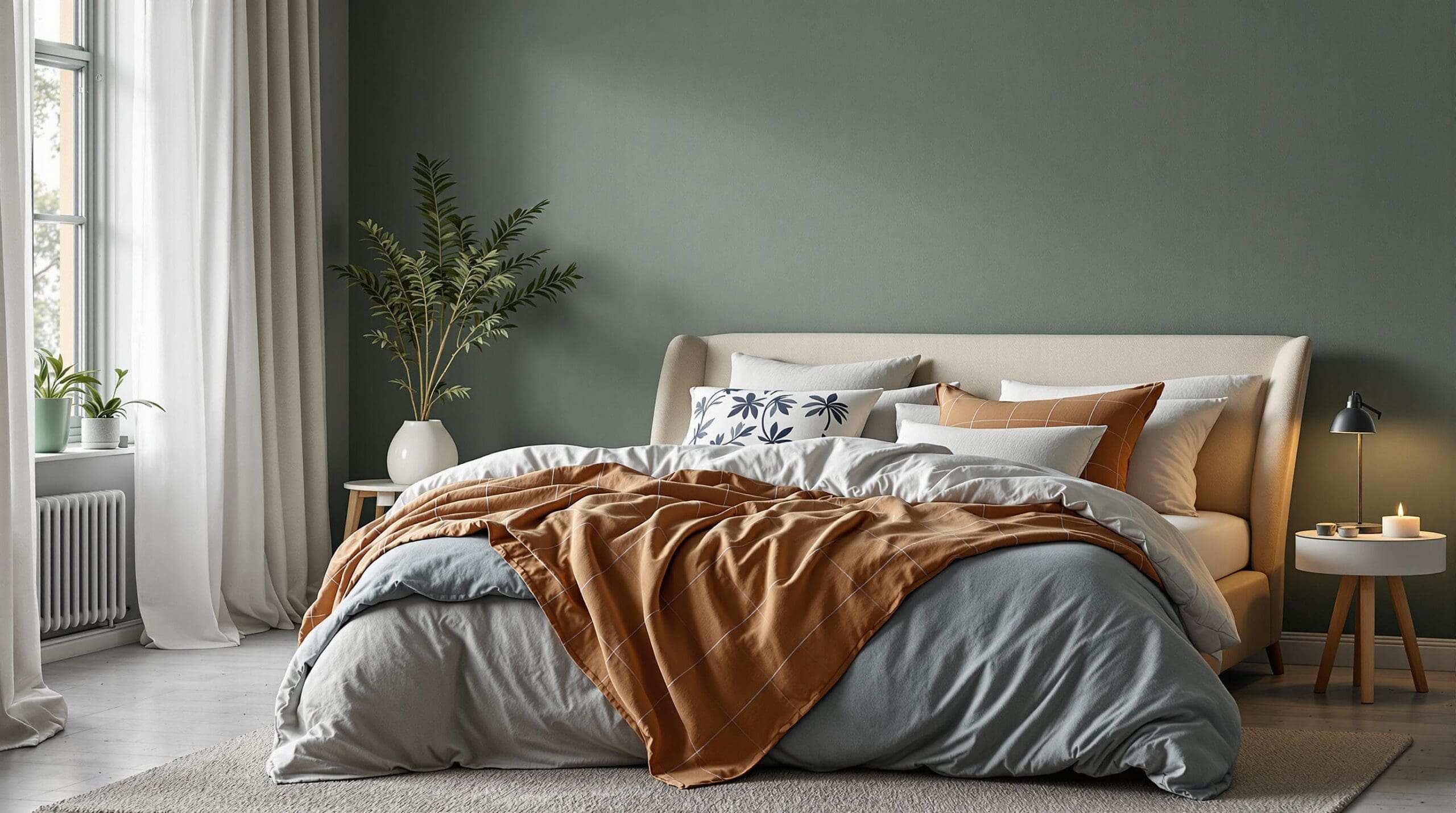 Een serene slaapkamer met een zachte grijsgroene muur die doet denken aan ochtendmist boven een stil meer. Op de rand van het bed zit een persoon met een creatieve uitstraling, omringd door luxe beddengoed van Kardol. Het dekbedovertrek in een dromerige, gelaagde print nodigt uit tot verwondering.
