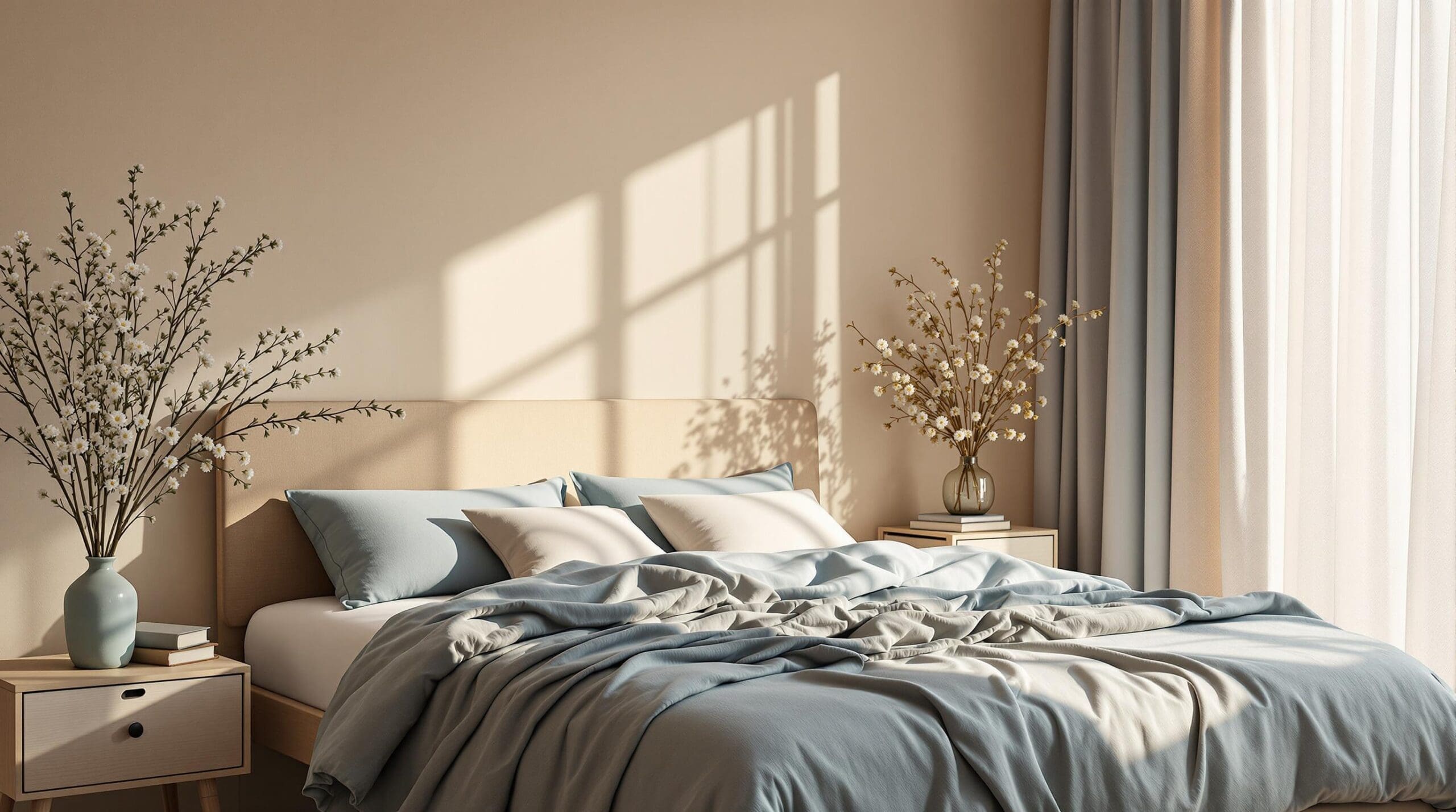 Een serene slaapkamer met warme zandtonen en zachtblauwe accenten straalt rust en ontspanning uit.