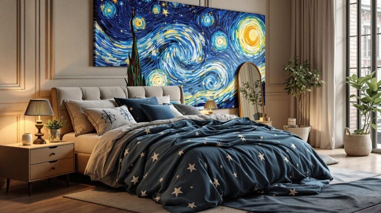 Een serene slaapkamer setting met een zacht verlichte atmosfeer, waar de maan door een elegant gordijn schijnt en een subtiele glans op het luxe dekbed valt. Het dekbed gemaakt van katoensatijn is bedrukt met de indrukwekkende, diepe nachtblauwe kleuren en herkenbare penseelstreken van Van Gogh’s