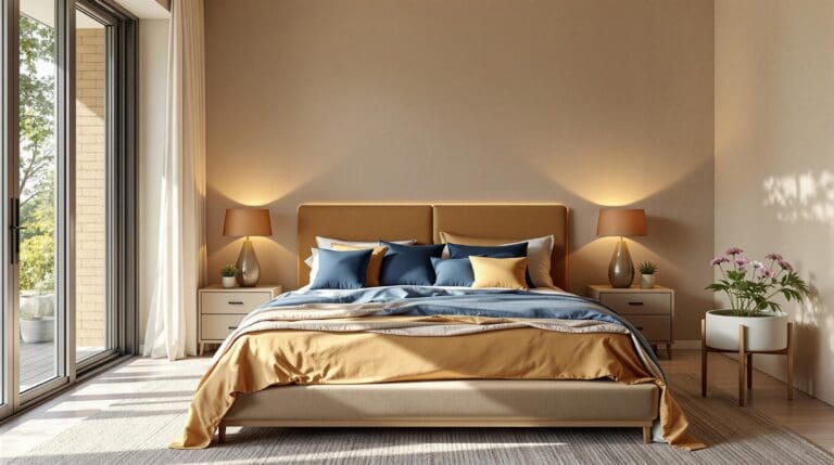 Een serene slaapkamer waarin de ochtendzon zachtjes door het zijden gordijn valt. Een luxe bed met hoogwaardig katoensatijnen dekbedovertrek in diep nachtblauw en zachte zandtonen. De lakens lijken te ademen, soepel en uitnodigend, als een warme omhelzing. De ruimte straalt elegantie en comfort uit met subtiele geometrische patronen die een gevoel van diepgang geven. De perfecte afwerking en verborgen ritssluitingen getuigen van vakmanschap. Alles samen creëert een rustige, luxe sfeer, ideaal voor een stijlvol ritueel van slapen en ontwaken.