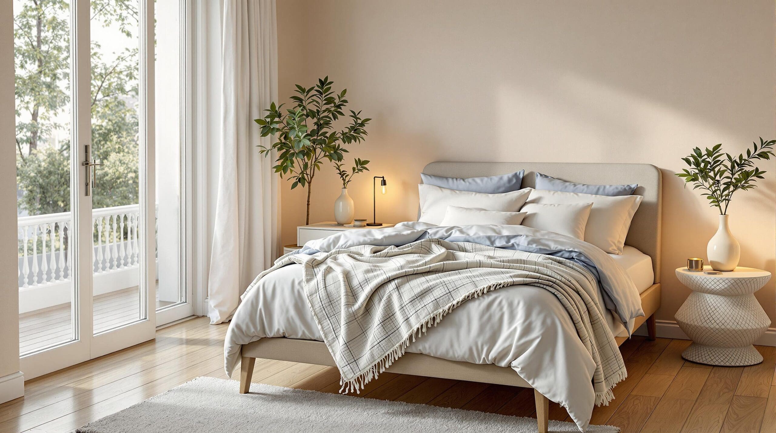 Een sfeervolle slaapkamer in warme tinten, met een houten vloer die het zachte ochtendlicht reflecteert.