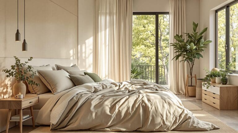 Een sfeervolle slaapkamer met een dekbedovertrek van gerecycled katoen in warme tinten crème en zand