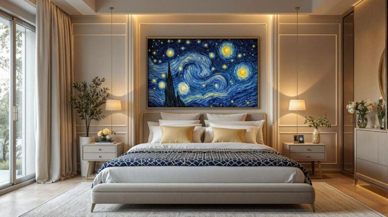 Een sfeervolle slaapkamer met een Van Gogh Sterrennacht dekbedovertrek, omgeven door sereniteit en warme verlichting.