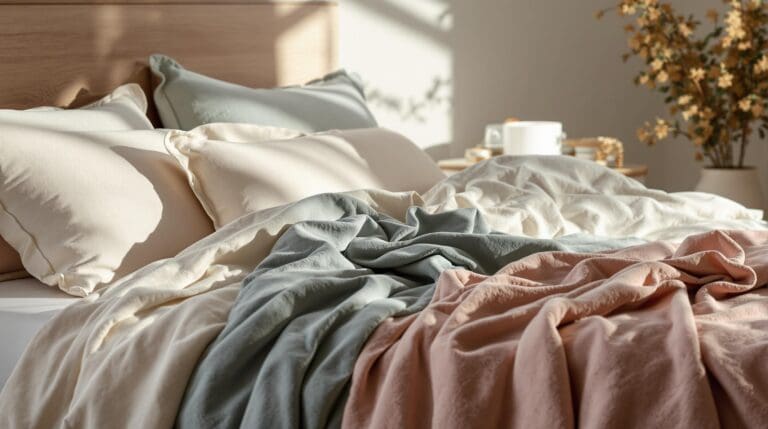 Een sfeervolle slaapkamer met luxe dekbedovertrekken in diverse texturen, kleuren en materialen, in natuurlijk licht op een ochtend in november.