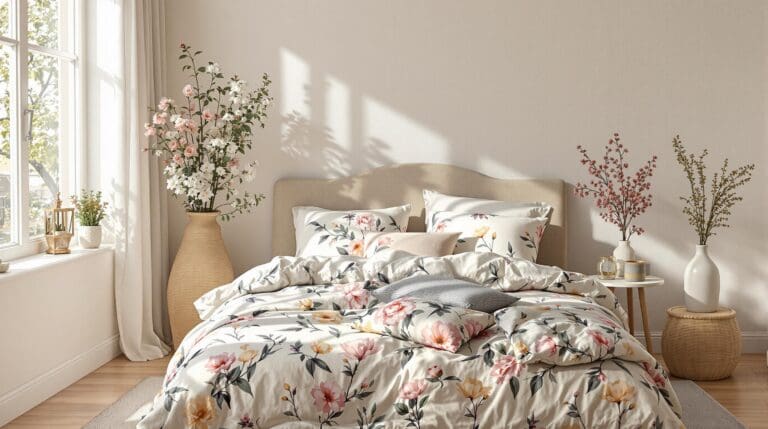 Een sfeervolle slaapkamer waarin natuurlijk licht naar binnen stroomt via een zachtgeel gordijn met bloemdecoraties die zich laten meevoeren door de lucht.