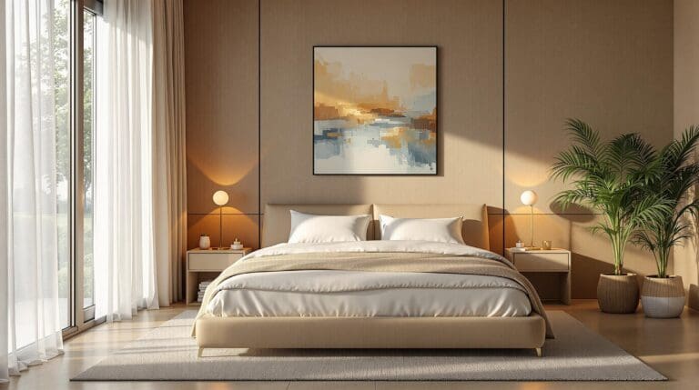 Luxe hotelbed in warme slaapkamer met beddengoed van biologische katoen in zacht crème en blauw katoen-satijn