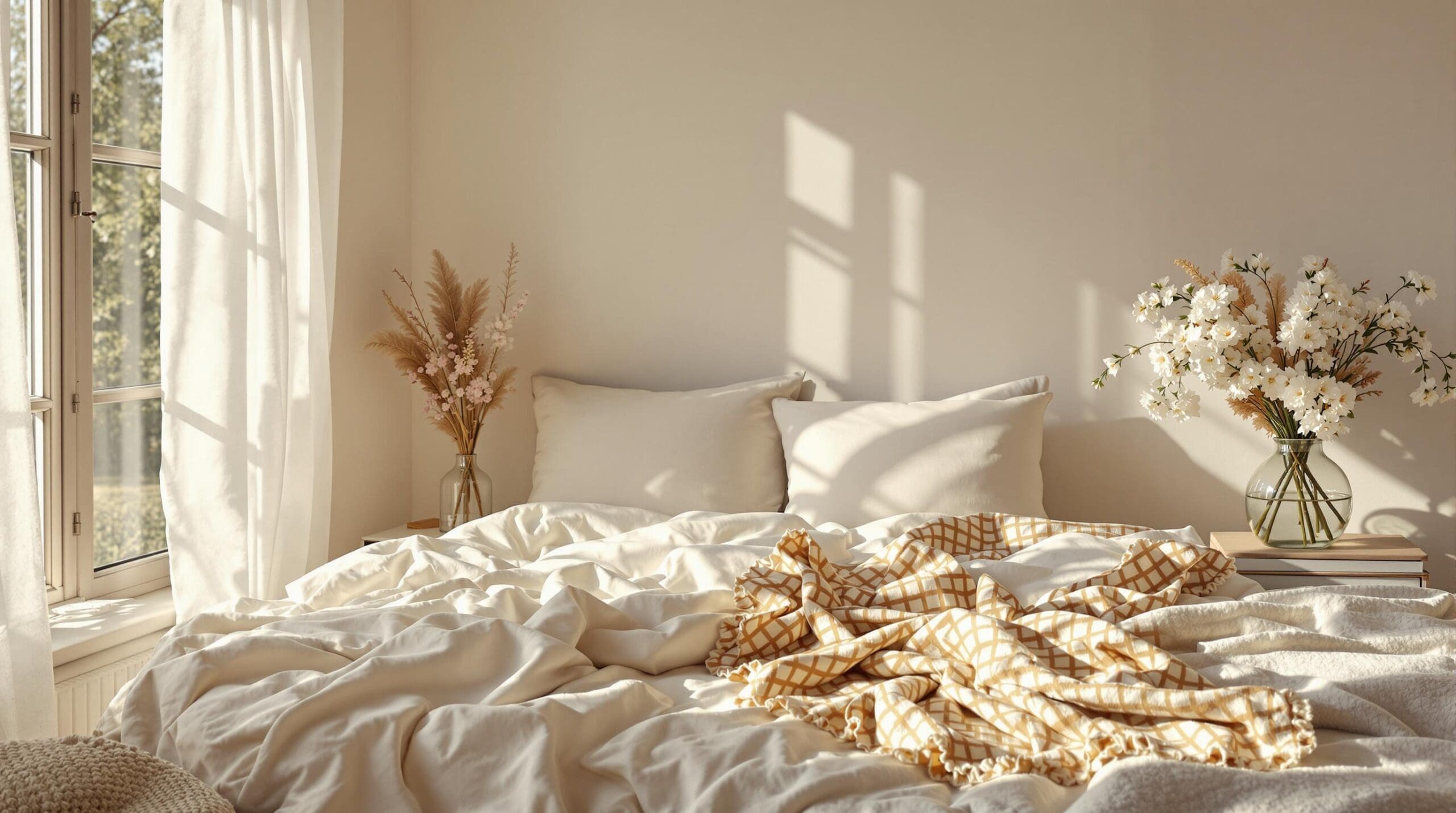 Serene slaapkamer met biologisch katoenen beddengoed op een zonnige ochtend