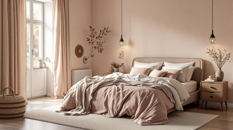 Slaapkamer met Kardol dekbedovertrek in Misty Rose, natuurlijke tinten en ochtendlicht