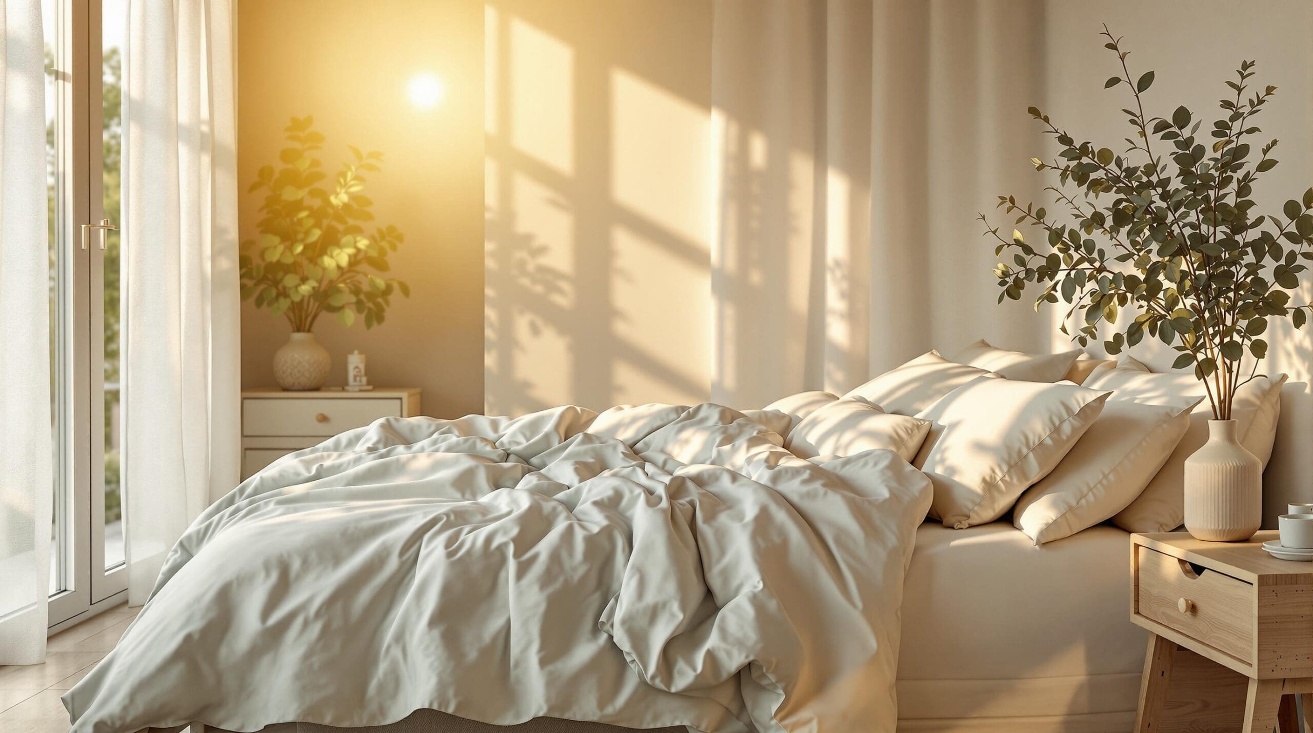 Een frisse slaapkamer met percal-katoen beddengoed en lichte gordijnen in zomers ochtendlicht.